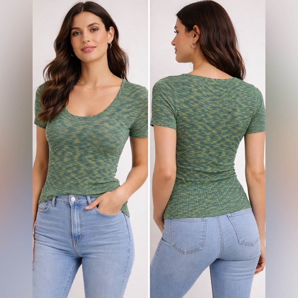 Anthropologie Green & Yellow Ribbed Knit Short Sleeve Top XS